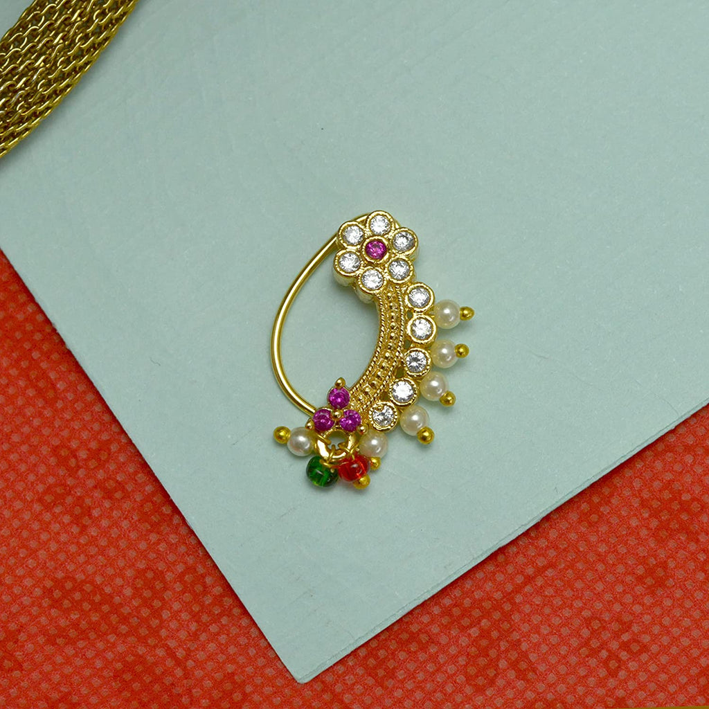 Buy Jewelopia Maharashtrian Nath Red Green CZ Nose Stud Traditional Bridal  Nath Wedding Jewellery Marathi AD Nose Stud Clip on Gold Beads Pressing  Nath Nose Ring For Girls Online at Best Prices